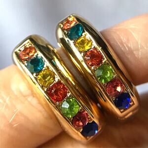 Bold rhinestone "fruit salad" rainbow gold tone huggie hoop earrings